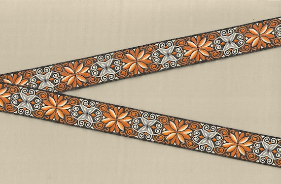 FLORAL E-05-D Jacquard Ribbon Poly Trim 7/8" wide (22mm) Black Background w/Orange Flowers & Scrolls Gray Accents