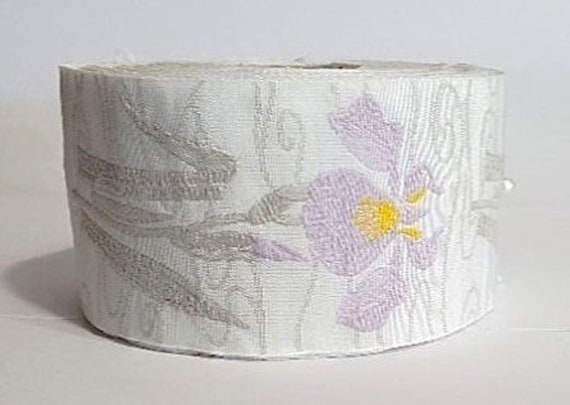 KAFKA H-10/01 Jacquard Ribbon Organic Cotton Trim 1-1/2" wide (38mm) White w/Lilac Irises