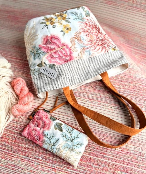 ATENTI "PRIMROSE" Embroidered Floral Tapestry Project Tote Bag, Handmade USA