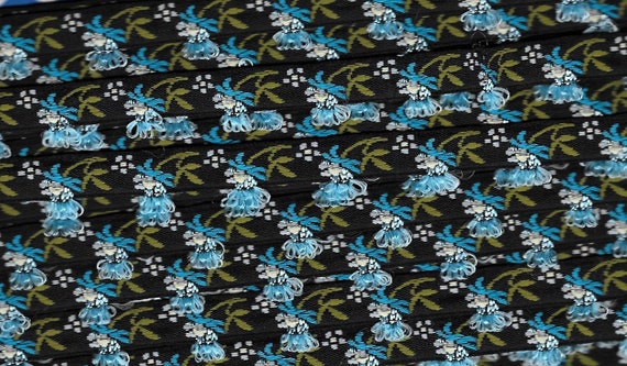 FLORAL A-60-B Jacquard Ribbon Poly Trim ***3/8" Wide (9mm) Black w/Variegated Blue Fuchsia Flowers, Fringe Accents, Olive Leaves