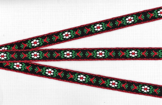 FLORAL C-03-C Jacquard Ribbon Cotton Trim 5/8" wide (16mm) Nordic, European, Black w/Red Borders, White/Red Flowers, Green Leaves