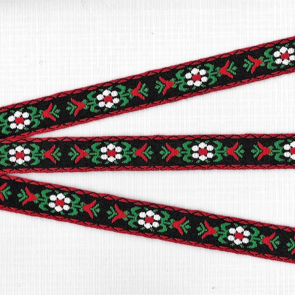 FLORAL C-03-C Jacquard Ribbon Cotton Trim 5/8" wide (16mm) Nordic, European, Black w/Red Borders, White/Red Flowers, Green Leaves