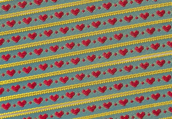 HEARTS A-06-B Jacquard Ribbon Poly Trim 7/16" wide (10mm) Made in France, Teal Background, Yellow Borders w/Red Hearts