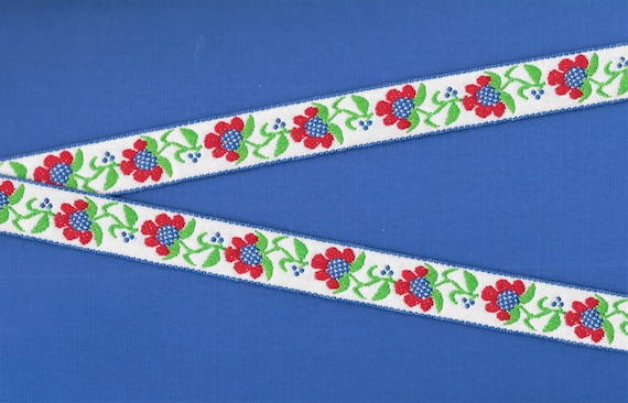 FLORAL D-05-G Jacquard Ribbon Poly/Cotton Trim, 3/4" Wide (20mm) Red/Blue Yellow Sunflowers, Green Leaves & Stems on White