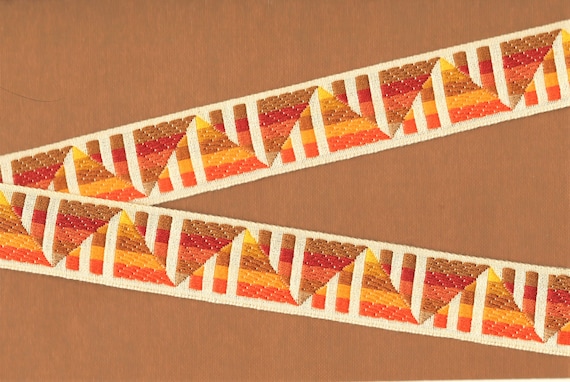 GEOMETRIC G-19-D Jacquard Ribbon Cotton Trim 1-1/4" wide (32mm) VINTAGE Cream w/Warm Tones of Multi-Colored Triangular Blocks