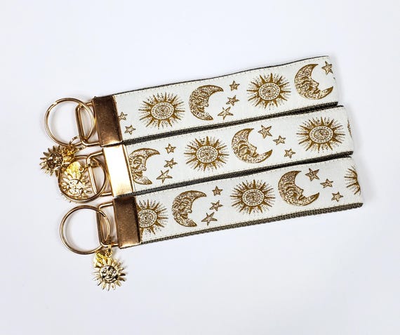 NOVELTY Gold Metallic Sun & Moon Jacquard Ribbon/Nylon Web 1" wide (25mm) Key Fobs, Keychain, Key Wristlet, Luggage Tags, 5.5" long