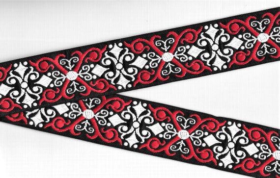 GEOMETRIC H-09-B Jacquard Ribbon Poly Trim 1-1/2" wide (38mm) Black w/Red & White