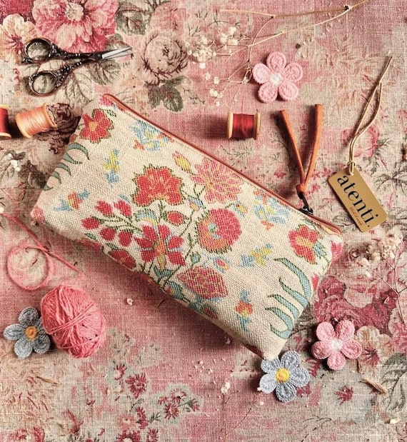 ATENTI Handmade Bags "GEMMA" in Peach, Apricot, Teal & Ivory Floral, Tall Tool Pouch Needle Arts/Knitting Bag, Cosmetic Bag, USA Made