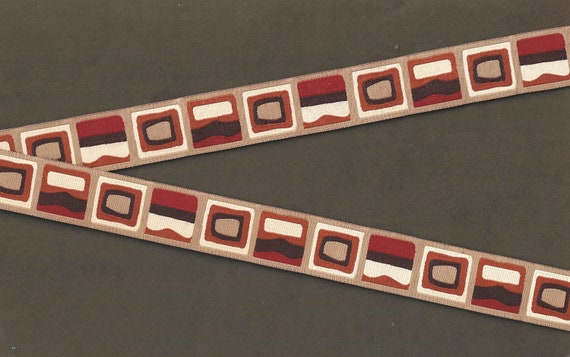 GEOMETRIC D-31-A Jacquard Ribbon Poly Trim 3/4" wide (20mm) Douglas Paquette, "Wood Squares" in Beige & Brown Tones
