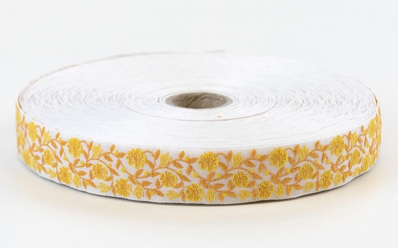 KAFKA D-03/04 Jacquard Ribbon Woven Organic Cotton Trim 3/4" wide (20mm) White w/Yellow Flowers, Golden Yellow Stems & Leaves