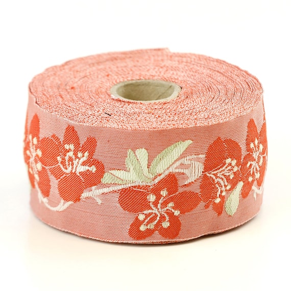 KAFKA H-06/12 Jacquard Ribbon Woven Organic Cotton Trim 1-5/8" wide (40mm) Peach w/Dark Apricot Cherry Blossoms Green Leaves