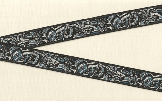 NATIVE AMERICAN E-10-C Jacquard Ribbon Poly Trim 7/8" wide (22mm), Black Background w/Tlingit Design in Blue/Gray Tones