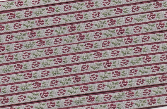 FLORAL A-11-J Jacquard Ribbon Polyester Trim 5/16" wide, Gray Background, Burgundy Flowers & Green Stems