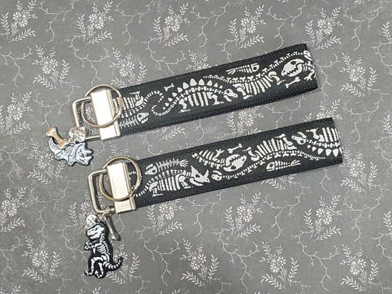 Jacquard Ribbon/Nylon Web 1" wide (25mm) Key Fobs Black Web w/Black & White DINOSAUR BONES w/Charms, Wristlet, Luggage Tags 5.5" long