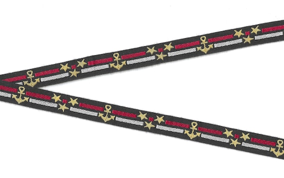 SPORTS/Nautical C-06-A Jacquard Ribbon Cotton Trim 5/8" wide (16mm) Made in France, Black w/Red and White Stripes, Yellow Anchors & Stars