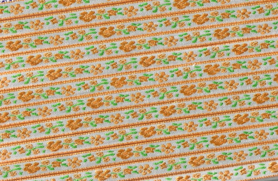 FLORAL A-14-F Jacquard Ribbon Poly Trim 5/16" wide, White Background w/Orange Border, Orange & Lt Orange Flowers, Green Leaves