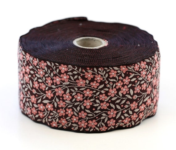 KAFKA K-02/30 Jacquard Ribbon Woven Organic Cotton Trim 2" wide (50mm) Reddish-Brown w/Apricot Forget-Me-Nots, Beige Leaves