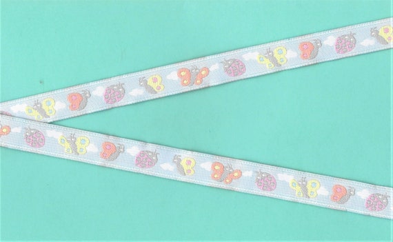 INSECTS C-01-A Jacquard Ribbon Polyester Trim 5/8" wide (16mm) Pastel Blue w/Mint Green Borders Yellow, Peach & Pink Insects REMNANT