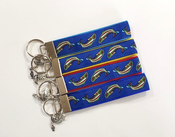 WILDLIFE Jacquard Ribbon/Nylon Web 1" wide (25mm) Key Fobs Blue Rainbow Fish w/Charms Keychain Wristlet Luggage Tags 5.5" long, Zipper Pulls