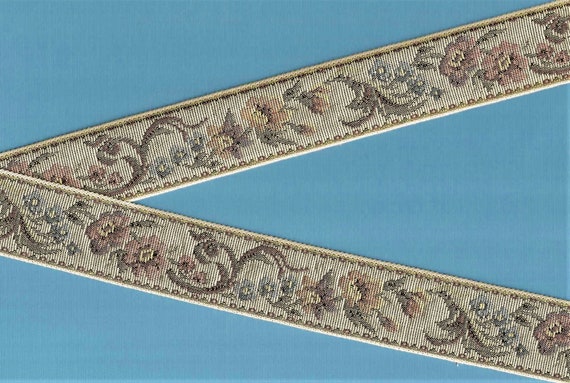FLORAL TAPESTRY H-09-i Jacquard Ribbon Cotton Trim, 1-1/2" Wide (38mm) Beige w/Tan Border, Multi-Colored Flowers, Green Leaves
