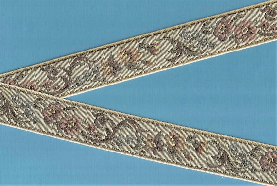 FLORAL TAPESTRY H-09-i Jacquard Ribbon Cotton Trim, 1-1/2" Wide (38mm) Beige w/Tan Border, Multi-Colored Flowers, Green Leaves