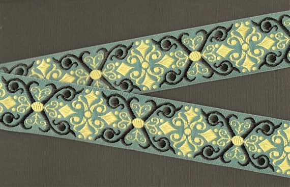 GEOMETRIC H-09-E Jacquard Ribbon Woven Poly Trim 1-1/2" Wide (38mm) Dark Aqua Background, Brown "X" w/Pale Yellow Scrolls/Swirls, Per Yard