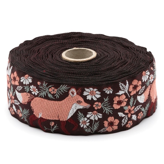 KAFKA H-24/03 Jacquard Ribbon Woven Organic Cotton Trim 1+1/2" wide (38mm) NEW! Black Background with Red Foxes, White Flowers & Greenery
