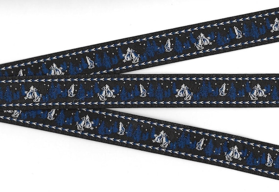 ANIMALS/Wildlife E-01-A Jacquard Ribbon Poly Trim, 7/8" Wide (22mm) Black Background w/Royal Blue Trees & White Howling Wolves