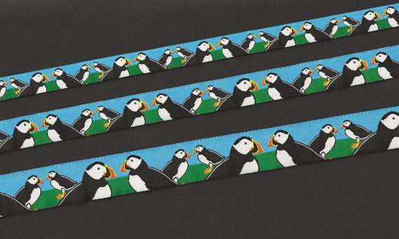 ANIMALS/Water 18-A Jacquard Ribbon Poly Trim, "Tuxedo" Puffins in Black & White w/Colorful Orange/Yellow Tufted Beaks, Choose Width/Length