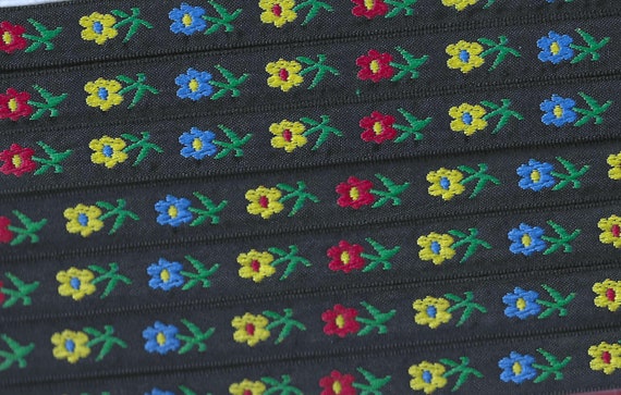 FLORAL B-14-A Jacquard Ribbon Polyester Trim 1/2" wide (13mm) Black Background w/Red, Blue and Yellow Flowers, Green Leaves