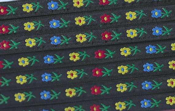 FLORAL B-14-A Jacquard Ribbon Polyester Trim 1/2" wide (13mm) Black Background w/Red, Blue and Yellow Flowers, Green Leaves