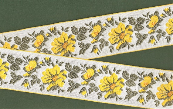 FLORAL J-22-A Jacquard Ribbon Cotton Trim 1-7/8" wide (48mm) VINTAGE White Background w/Large Yellow Flowers, Orange Accents, Olive Leaves