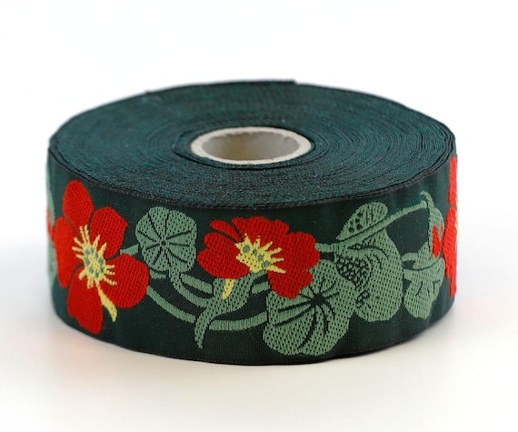 KAFKA G-03/05 Jacquard Ribbon Woven Organic Cotton Trim 1-1/4" wide (32mm) Green Background w/Red & Yellow Nasturtiums, Green Leaves