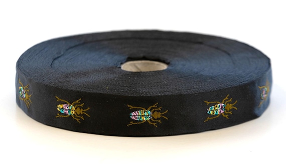 KAFKA D-01/07 Jacquard Ribbon Satin/Lurex Trim 3/4" wide (20mm) Black w/Olive Brown & Metallic Iridescent Beetles, Choose length