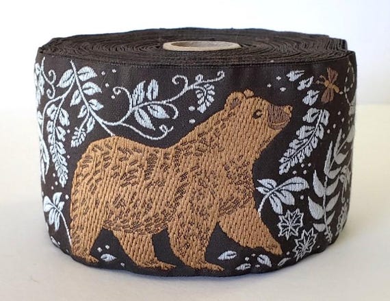 KAFKA L-05/04 Jacquard Ribbon Woven Organic Cotton Trim 2-3/8" wide (60mm) Dk Brown w/Lt. Brown Bears, Gray Leaves/Vines & Brown Butterflies