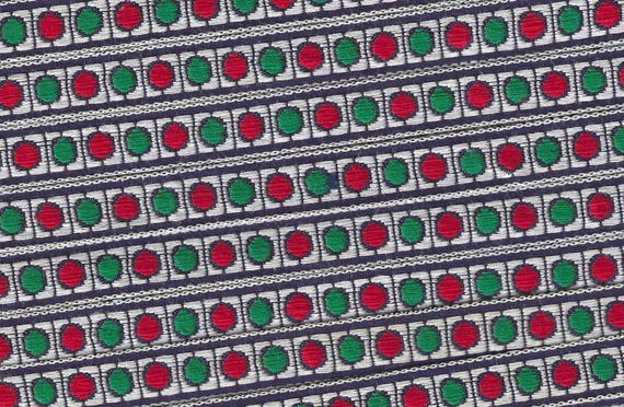 HOLIDAY B-24-A Jacquard Ribbon Cotton Trim 7/16" wide (11mm) VINTAGE from Germany, Red & Green Dots on White