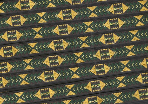 NATIVE AMERICAN B-12-D Jacquard Ribbon Polyester Trim 1/2" wide (13mm) Southwest Black, Brown, Mustard Gold & Green Tribal Pattern