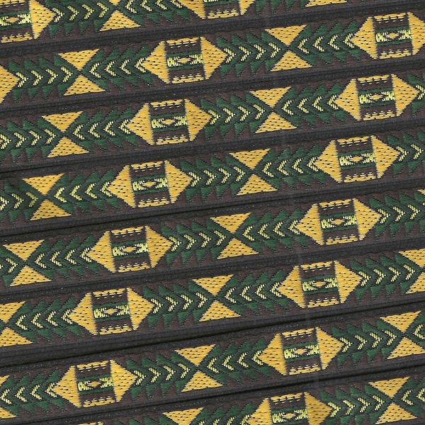 NATIVE AMERICAN B-12-D Jacquard Ribbon Polyester Trim 1/2" wide (13mm) Southwest Black, Brown, Mustard Gold & Green Tribal Pattern