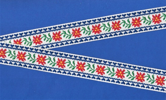 FLORAL G-29-A Jacquard Ribbon Cotton Trim, 1-1/8" Wide (28mm) VINTAGE Nordic Design, White w/Blue Borders Red Flowers Green Leaves, Per Yard