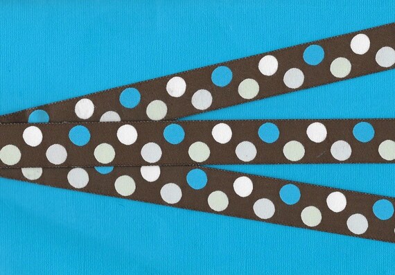 POLKA DOTS E-23-B Jacquard Ribbon Poly Trim, 7/8" Wide (22mm) Brown Background w/White, Mint Green, Pale Blue and Sky Blue Dots