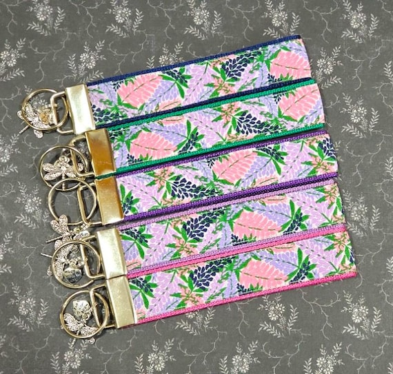 Jacquard Ribbon/Nylon Web 1" wide (25mm) Key Fobs, Lupine Flowers w/Charms, Keychain, Key Wristlet, Zipper Pulls, Luggage Tags, 5.5" long
