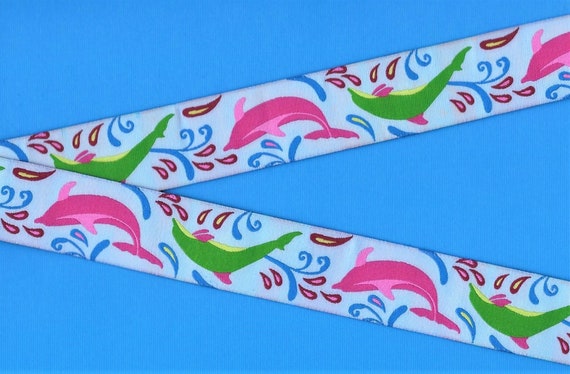 ANIMALS/Water G-14-A Jacquard Ribbon Poly Trim 1-1/8" wide (28mm) Douglas Paquette, Pale Blue w/Jumping Pink/Green Dolphins