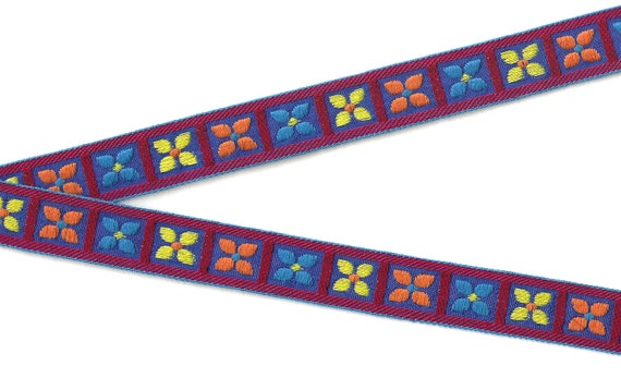 FLORAL D-20-A Jacquard Ribbon Cotton Trim 3/4" wide 20mm) Dark Red/Royal Blue Block Pattern w/Yellow, Orange & Blue Retro Design Flowers