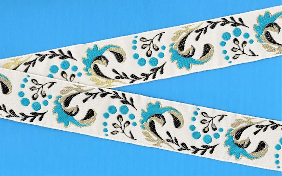 METALLIC H-01-B Jacquard Ribbon Poly Trim, 1-1/2" Wide (38mm) White w/Turquoise & Black Swirl Leaf Design, Metallic Gold Accentsd