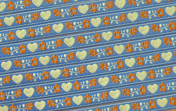 HEARTS/FLOWERS C-02-i Jacquard Ribbon Cotton Trim 5/8" wide (16mm) Made in France, Blue w/Pale Yellow Hearts, Orange Flowers