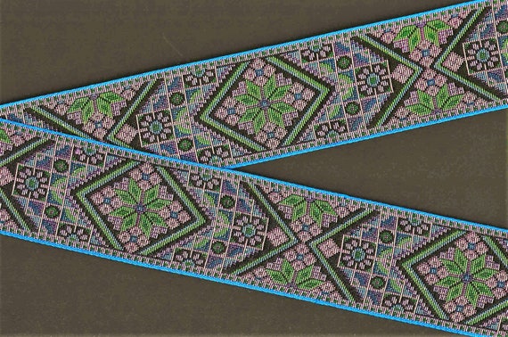 FLORAL TAPESTRY M-10-A Jacquard Ribbon Woven Poly Trim 2-1/4" Wide (58mm) Black Background w/Blue, Pink, Purple & Green Flowers