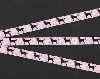 ANIMALS/Dogs B-07-A Jacquard Ribbon Poly Trim 1/2" wide (13mm) Pink w/Daisies and Black Labs