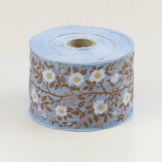 KAFKA L-01/99 Jacquard Ribbon Woven Organic Cotton Trim 2-3/8" wide (60mm) Blue w/White & Yellow Wild Roses, Beige/Brown Leaves