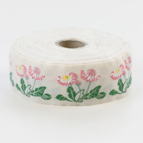 KAFKA G-04/02 Jacquard Ribbon Woven Organic Cotton Trim 1-1/4" wide (32mm) Ivory w/White, Yellow & Pink Daisies, Green Leaves