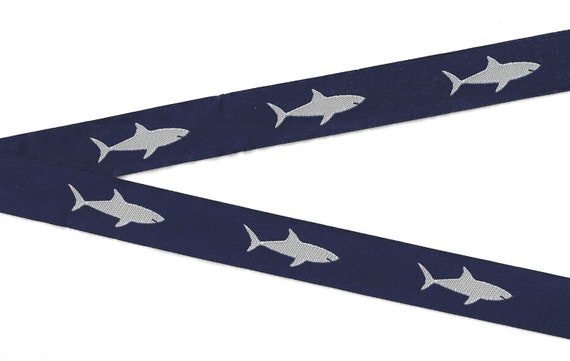 ANIMALS/Water E-33-A Jacquard Ribbon Poly Trim 7/8" wide (22mm) Navy Background w/White Sharks, Patches, Appliques, 2.5yd lengths